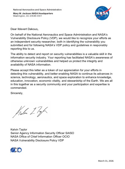 Certificat NASA Ildevert Dakouo